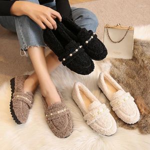 Casual Shoes 34-43 Big Size Pärlor Band Fur Flats Wome Plush Moccasins Fleeces Loafers Thicken Soled Winter Lambool Women 2024