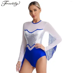 Stage Wear Womens Ballet Latin Dance Sparkly Sequins Tassel Leotard Patchwork Sheer Mesh Long Sleeve Fringed Bodysuit Performance Costume