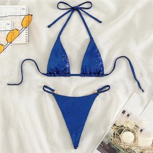 Kobiety w bikini dla kobiet Seksowne diamenty Mini Micro Thong Women 2024 Niebieski błyszczący kostium kąpielowy Dwuczęściowy kostium kąpielowy