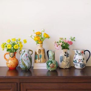 VASESヨーロッパスタイルの田舎のセラミック手描きのアート花瓶のリビングルームベッドルームテーブルトップフラワーアレンジメントホームデコレーション