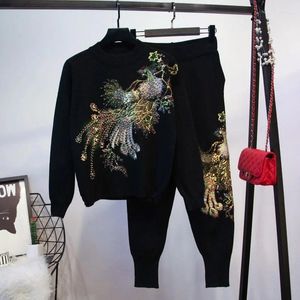 Women's Two Piece Pants Manual Embroidery Beaded Sequins Peacock Women Black Knitted Tracksuit Outfits Long Sleeve Pullover Pencil Knit 2pc