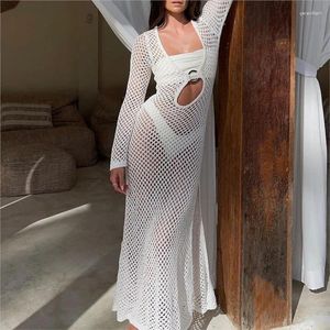 Swimsuit Cover Up Women Bikini CoverUp Beach Outlet para 2024 Sexy Hollow Long Manga Skirt Dress White Summer Solid Polyster