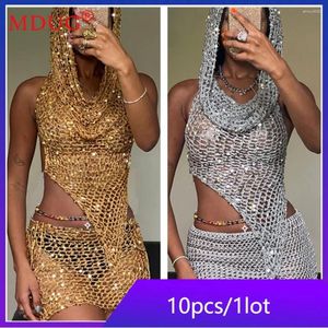 Work Dresses 10sets Bulk Items Wholesale Lots Two Piece Dress Sets Women Sexy Hollow Out Sequins Bandage Vest Skirts Outfits Y2k M13544_1