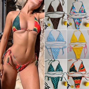 Sexig designer kvinnor bikini set het kvinnlig triangel badkläder flickor avslappnad snörning tryckt mönster baddräkt brasiliansk push up badkläder baddräkt thongs topp biquini