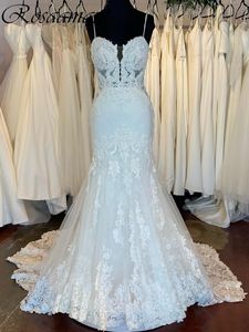 Real Image Illusion Sleeveless Mermaid Wedding Dresses Spaghetti Straps Floral Appliques Lace Bridal Gowns Robe De Mariee