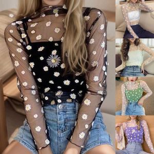 Women's Blouses Shirts Daisy Print Perspective Shirt Elegant and Sexy Mesh Sunscreen Top Casual Autumn Womens Long sleeved Womens BlusaL2405