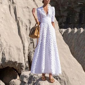 Party Dresses Designer Summer White Lace Evening Prom Dress Women Deep V Neck Half Sleeve Long Vestidos Kvalitet