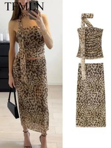 TFMLN Women Sexy 2 قطعة تنورة طويلة مجموعات Longless Leopard Print Tops High Weist Tairts Summer Fashion Mesh Clubwear 240419