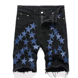 Men Blue Stars Black Denim Shorts Summer Loose Leather Patches Jeans Streetwear Holes Ripped Trousers 240429