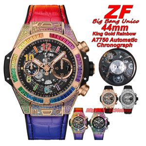 TWF Lüks Saatler Tw King Gold Rainbow 44mm A7750 Otomatik Kronograf Erkekler Sapphire Kristal İskelet Dial Deri Kayış Bents Hollwatches