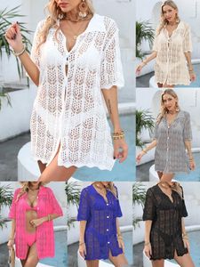 S-XL Cardigan Beach Wear for Women Butt Button White Otwear Seksowna dziura Kąpiec Kąpiec Cover Up Lady Holiday Crochet Tunik