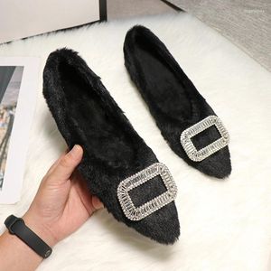 Casual Shoes Rhinestone Buckle Fur Flats Women Pointed Toe Warm Plush Loafers Female Flat Heel Mink Moccasins Winter Big Size 42