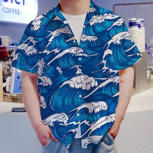 القمصان غير الرسمية للرجال خمر قميص هاواي مع موجة ثلاثية الطباعة عصرية لضرب صيف قصير الأكمام.