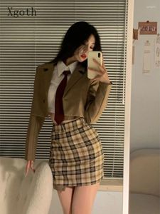 Рабочие платья xgoth College 3pcs JK костюм 2024 Sweet jiurl Vintage Brown Jacket с длинным рукавом белый топ клетка юбка для бедра женщин Япония