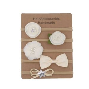 Haarzubehör 5pcs/Los neu Nylon elastisches Stirnband Baby Festknoten Blume Stoff Haarbogen Set Kids Weiche Haarbänder handgefertigtes Mädchen Hair Accessorie