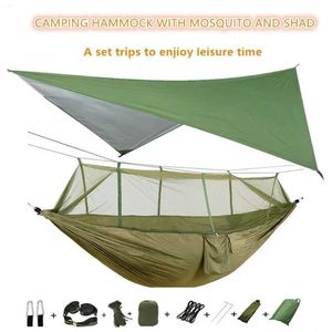 Hängmattor utomhus mygga netto fallskärm bärbar camping hängmatta med regn fluga tarpnylon hängmattor camping hängande sovande säng sväng