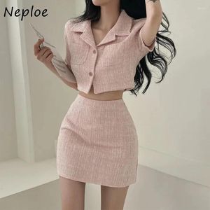 Work Dresses Neploe Elegant Fashion Short Sleeve Slim Fit Pink Tops Women Y2k High Waist Bodycon Skirts 2024 Spring Two Piece Sets