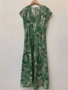 Günlük elbiseler yeşil bitki baskılı elbise kadın pamuk v yaka fermuar 2024 kadın bahar yaz cüppeleri
