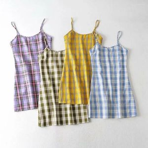 Casual Dresses Vintage Summer CottageCore Y2K Sweet Plaid Spaghetti Straps Mini Dress Robe Loose High Streetwear Female Vestidos Mujer