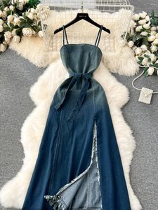 Casual Dresses Chic Vintage Blue Denim for Women Fashion Split Design Tassel Spaghetti Strap Long Dress Lady Sundress