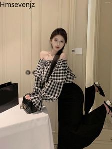 ワークドレス韓国のファッション服ハイエンド肩の短いチェッカーシャツエレガントフィッシュテイルロングスカートスーツ2ピースセット女性