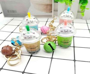 Keychains Net red cat milk tea cup bell key chain car bag accessories creative pearl small gift4491450