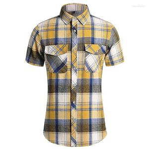 Męskie koszule mody Dwie kieszeń żółtą koszulę w kratę mężczyzn Wysokiej jakości bawełniany krótki rękaw męski bluzka biznesowa bluzka z kratką 6xl 7xl