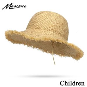 Naturale largo largo brim rafia gocce di gambe cappelli per bambini intrecciati intrecciata per la spiaggia del cappello da ragazza estate out big child hat 240429