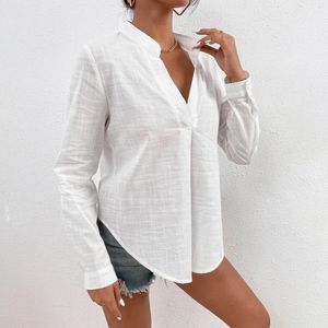 Kvinnor Bluses Women V Neck Shirt Stand Collar Tops Lång ärm Solid Color Blouse Casual Elegant Top Office Work Lapel Shirts