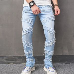 Streetwear Men Stylish Spliced Slim Biker Jeans Pants Hip Hop Stacked Male Solid Jogging Straight Denim Trousers 240422