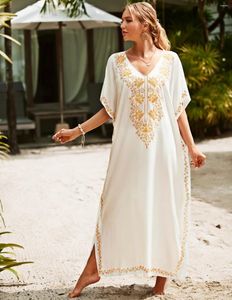 Casual Oversize Loose Boho Cover Up Cotton Rayon Floral Embroidery Robe Beach Cover-ups Women Tunic Vintage Kaftan Dress