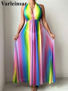 Sexig färgglad halter Deep V Neck Tunic Beach Cover Up Cover-Ups Long Dress Wear Beachwear Female Women V5165