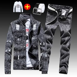 High Quality 4 Pcs Set Hip Hop Spring Autumn Mens Denim Jacket Holes Single Breasted Coat Jeans Pants with Shirt Belt 240426