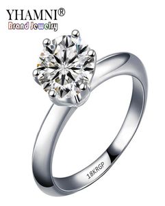Yhamni Stamped 18krgp Białe złote pierścienie dla kobiet 8 mm 2 karat 6 Claws Cubic Zirconia Prezent zaręczyn