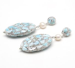 GuaiGuai Jewelry Natural Blue Larimar Silver Color Rhinestone Pave Oval Cultured White Round Pearl Larimars Stud Earrings For Wome1673329