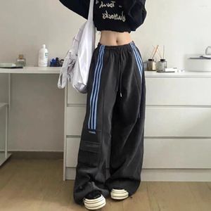 Calça feminina listras de cintura alta Sorra de moletom Baggy Women Women Korean High Cantura Largura Reta Big Pocket Lady Joggers Troushers