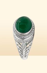 Men Ring with Natural Green Agate Stone 925 Sterling Silver Vintage Hollow Design Turkish Elegant Jewelry Gifr for Male Women2846474