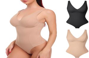 Kvinnor bantar underkläder bodysuit jumsuit body shaper midjetränare korsett Shapewear Thong V Neck Top med vadderad BH -postpartum R1265559