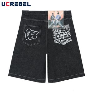 Embroidered Loose Denim Shorts Mens Summer Streetwear Black Knee-length Jeans Shorts 240429