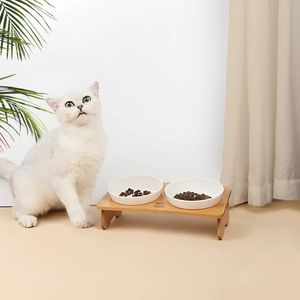 Bambu Standelevre Pet Besleyici ile Yükseltilmiş Kedi Kasesi 2 Melamin Kaseleri Eğik Yiyecek ve Su Besleme Yolu Kusma Karşıtı 240429