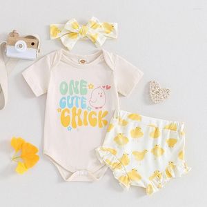 Kleidung Sets Säuglinge Baby Girl Western Kleidung Kurzarm Strampler Cartoon Chick Chick Bodysuit Shorts 3PCs Geborene Outfits im Bauernhofstil