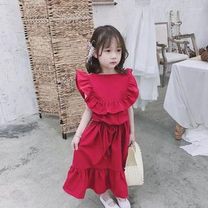 Girl Dresses Red Girls Long Dress Children Spring Korean Ruffle Tie Up Waist Kids Toddler Clothes Vestidos Sleeve 3 To 8 Years