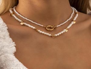 Pendanthalsband Minar Böhmen Imitation Pearl Necklace för kvinnor Double Layered Gold Color Sequins Beading TOGGLE CLAP CIRCLE C1203396