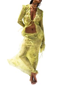 Y2K Sheer Mesh Fairy Grunge Treque Up Ruffle V Neck Neck Beach Dresses for Women Testhetic Tassel 2 peças Salia