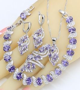 Zestawy biżuterii w Dubaju dla kobiet Wedding Purple Amethyst Naszyjnik Wisiorka Pierścień Bransoletka Podarunek 2207253241570