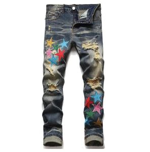 Yeni erkek kot pantolon Avrupa jean hombre mektup yıldızı erkek nakış yaması yırtılmış trend markası motosiklet pantolon erkek sıska