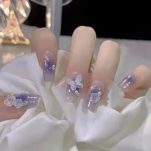 24pcs Ballerina Long Square Nail Tips False Nails Wearable Fake Butterfly Camelliaフラワーパールデザインプレス240430