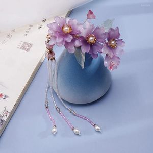 Hårklipp lila blommor klipp pärla tassel sidstift för flickor hanfu fest kinesisk stil bröllop tillbehör sagan smycken gåva