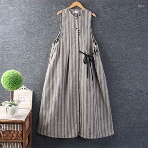 Vestidos casuais vestido de algodão vintage feminino estilo japonês estilo mori menina listra sem mangas de verão