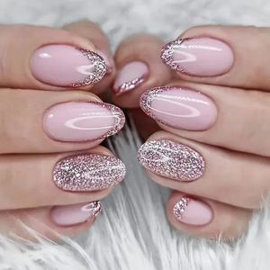 24Pcs Short Round Head False Nails Glitter Pink Almond Fake French Full Cover Press on Wearable Nail Tips Manicure 240419